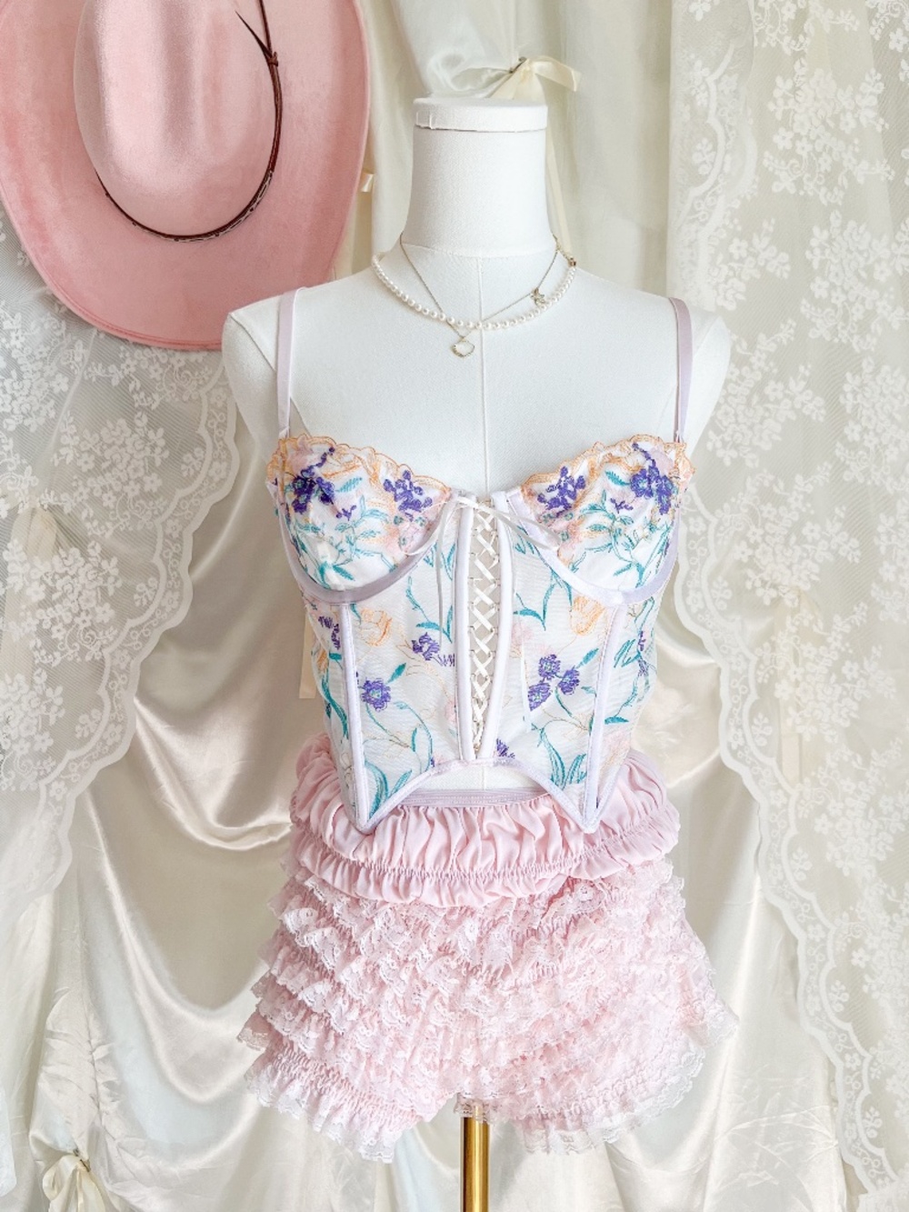 Embroidered Floral Lace-Up Corset Bustier Top